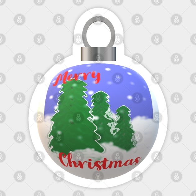 Christmas Tree Ornament with Merry Christmas Greeting, Evergreen Trees and Snowflakes Sticker by Art By LM Designs 